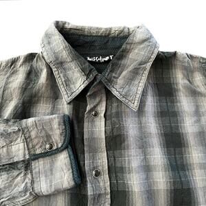 QUIKSILVER Snap Button Long Sleeve Shirt Black Gray Plaid Large Logo Y2K Retro